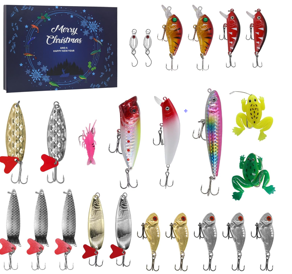Fishing Advent Calendar 2025, 24 Day Fishing Lure Countdown Calendar, Xmas Fishing Gift Christmas Countdown Fish Tackle Set Fishing Tackle for Father Lovers Boyfriend Brother