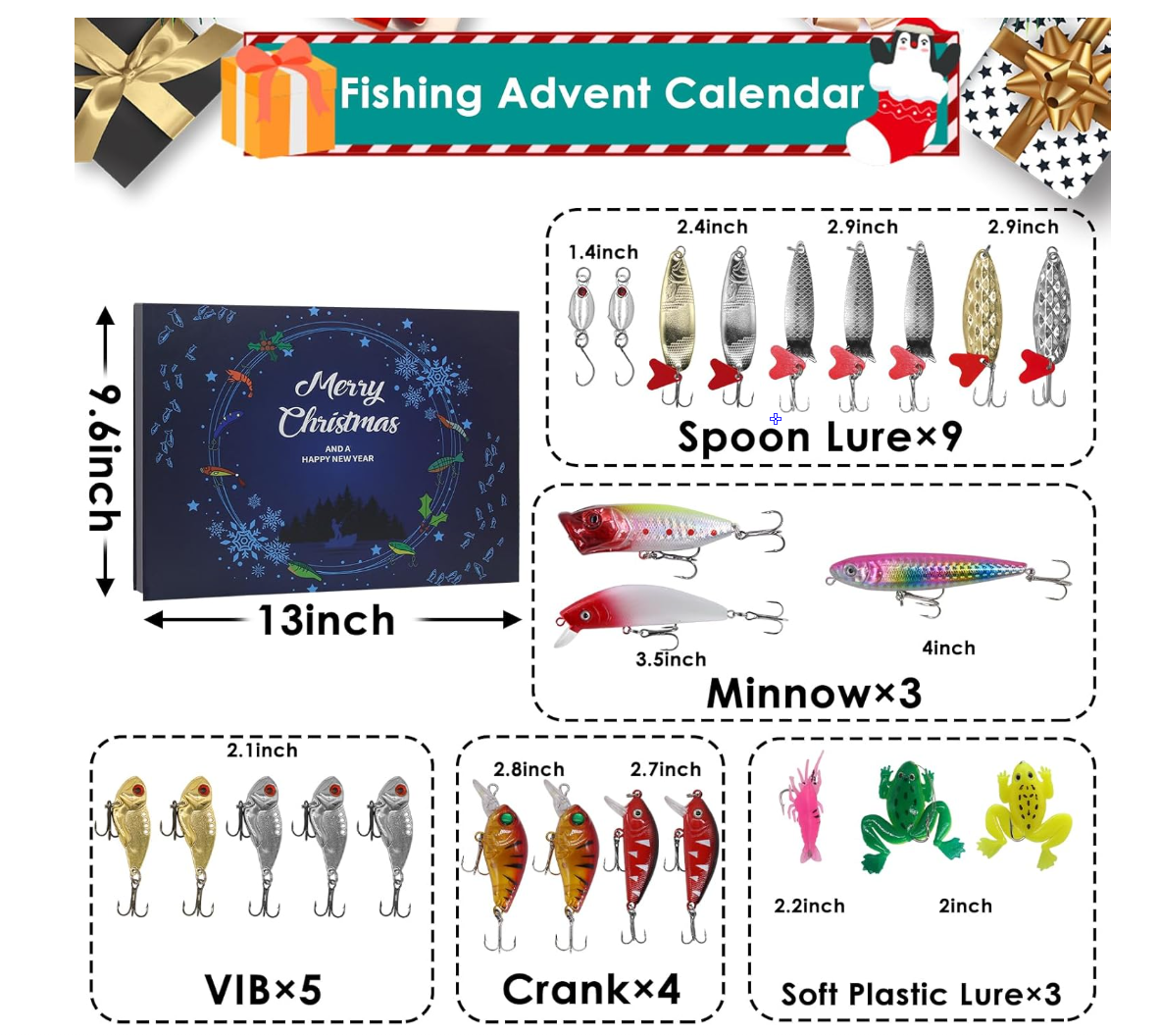 Fishing Advent Calendar 2025, 24 Day Fishing Lure Countdown Calendar, Xmas Fishing Gift Christmas Countdown Fish Tackle Set Fishing Tackle for Father Lovers Boyfriend Brother