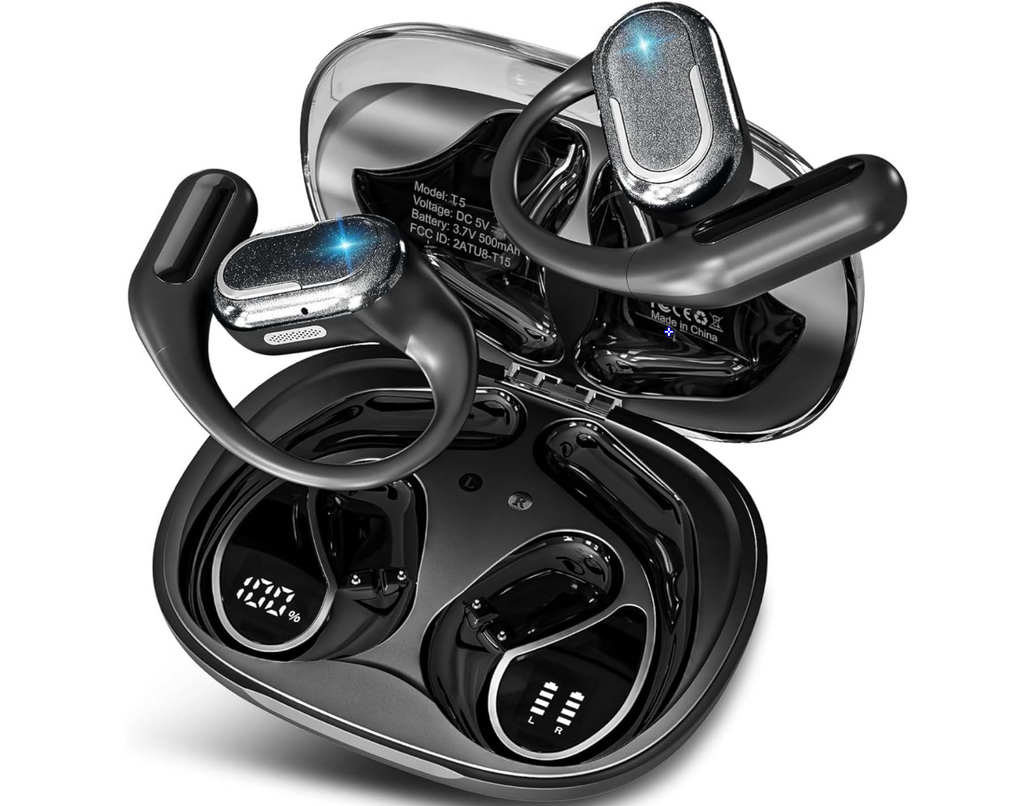 Open Ear Earbuds, Bluetooth 5.4 Headphones with LED Display, 46Hrs Playtime, ENC Noise Cancelling, IPX5 Waterproof, Ergonomic Earhook Design for Running, Workout, Sports