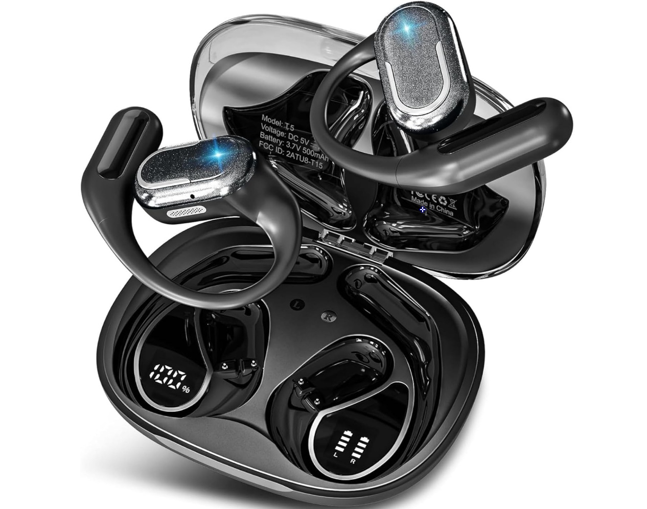 Open Ear Earbuds, Bluetooth 5.4 Headphones with LED Display, 46Hrs Playtime, ENC Noise Cancelling, IPX5 Waterproof, Ergonomic Earhook Design for Running, Workout, Sports