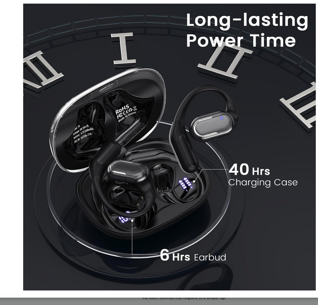 Open Ear Earbuds, Bluetooth 5.4 Headphones with LED Display, 46Hrs Playtime, ENC Noise Cancelling, IPX5 Waterproof, Ergonomic Earhook Design for Running, Workout, Sports