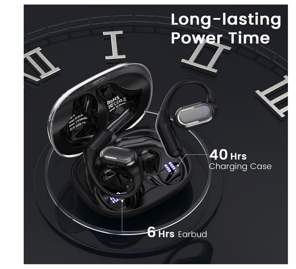 Open Ear Earbuds, Bluetooth 5.4 Headphones with LED Display, 46Hrs Playtime, ENC Noise Cancelling, IPX5 Waterproof, Ergonomic Earhook Design for Running, Workout, Sports