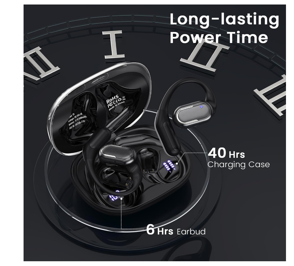 Open Ear Earbuds, Bluetooth 5.4 Headphones with LED Display, 46Hrs Playtime, ENC Noise Cancelling, IPX5 Waterproof, Ergonomic Earhook Design for Running, Workout, Sports
