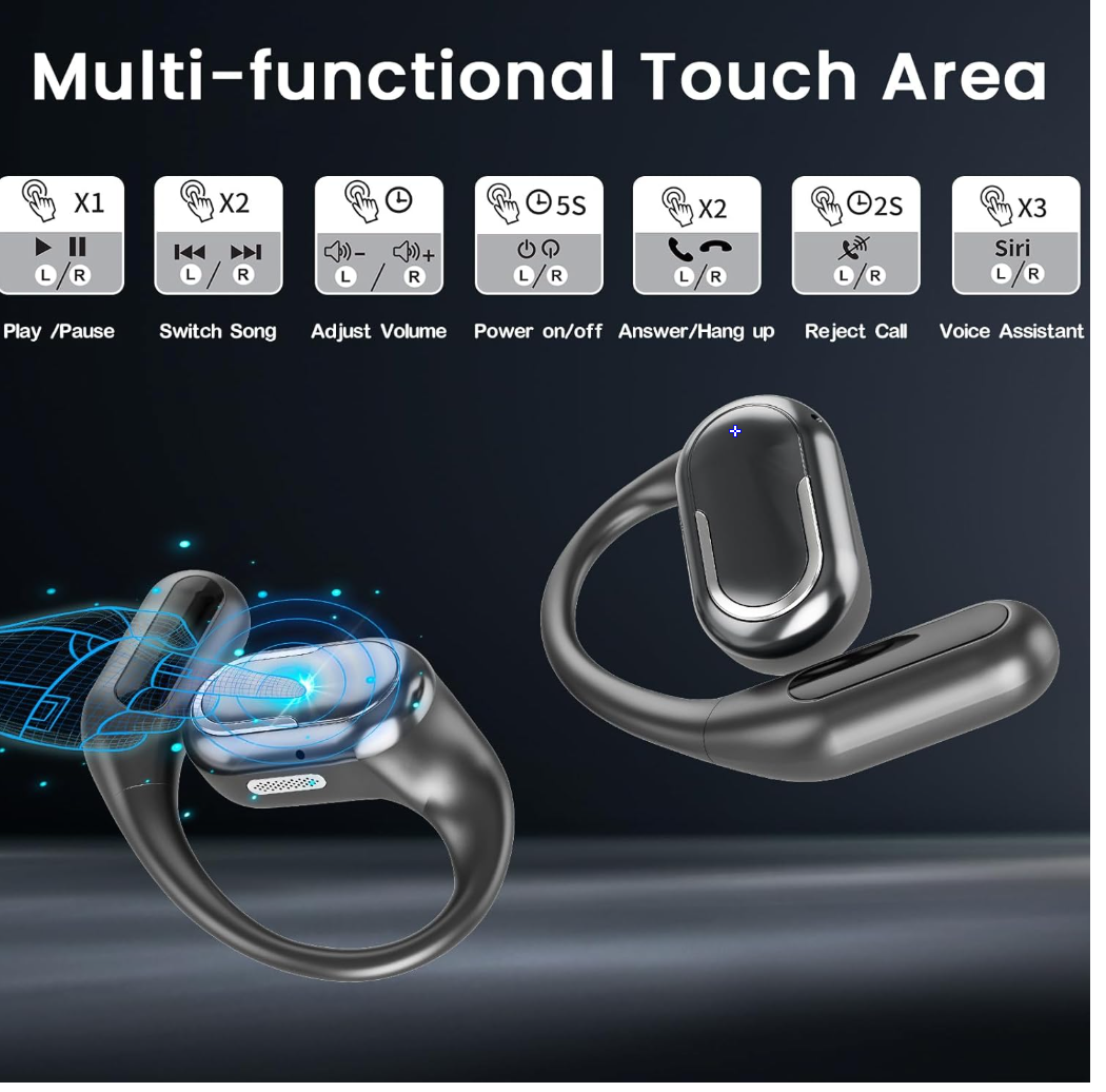 Open Ear Earbuds, Bluetooth 5.4 Headphones with LED Display, 46Hrs Playtime, ENC Noise Cancelling, IPX5 Waterproof, Ergonomic Earhook Design for Running, Workout, Sports