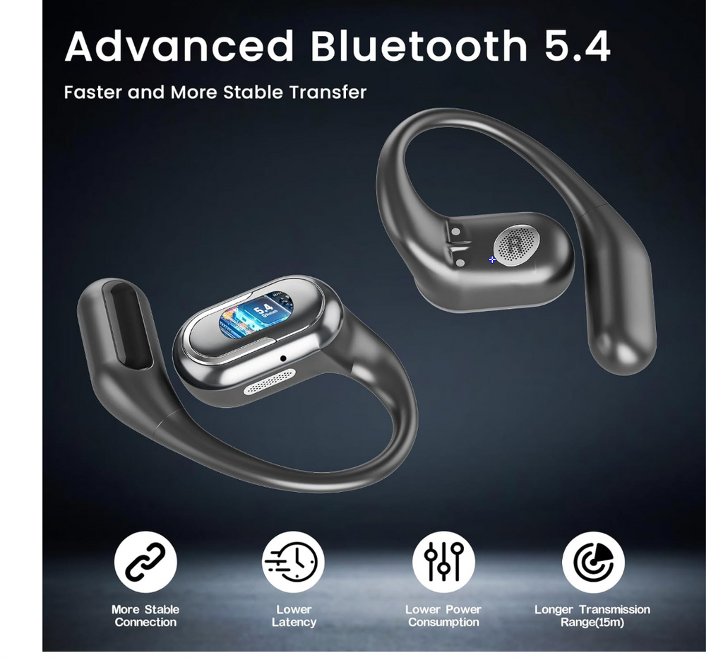 Open Ear Earbuds, Bluetooth 5.4 Headphones with LED Display, 46Hrs Playtime, ENC Noise Cancelling, IPX5 Waterproof, Ergonomic Earhook Design for Running, Workout, Sports