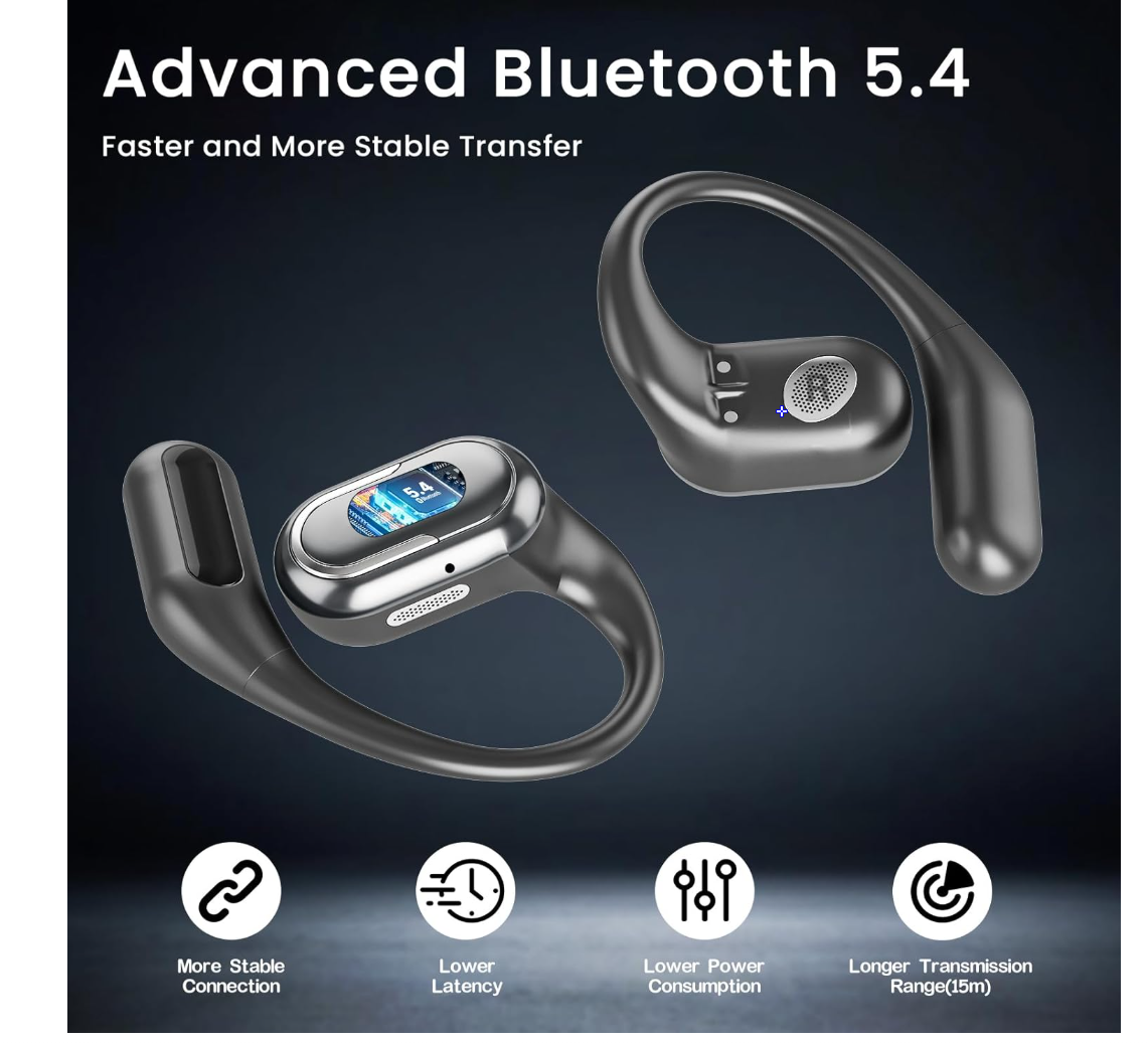 Open Ear Earbuds, Bluetooth 5.4 Headphones with LED Display, 46Hrs Playtime, ENC Noise Cancelling, IPX5 Waterproof, Ergonomic Earhook Design for Running, Workout, Sports