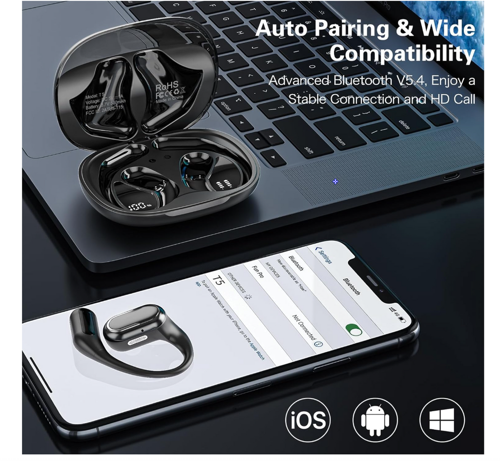 Open Ear Earbuds, Bluetooth 5.4 Headphones with LED Display, 46Hrs Playtime, ENC Noise Cancelling, IPX5 Waterproof, Ergonomic Earhook Design for Running, Workout, Sports