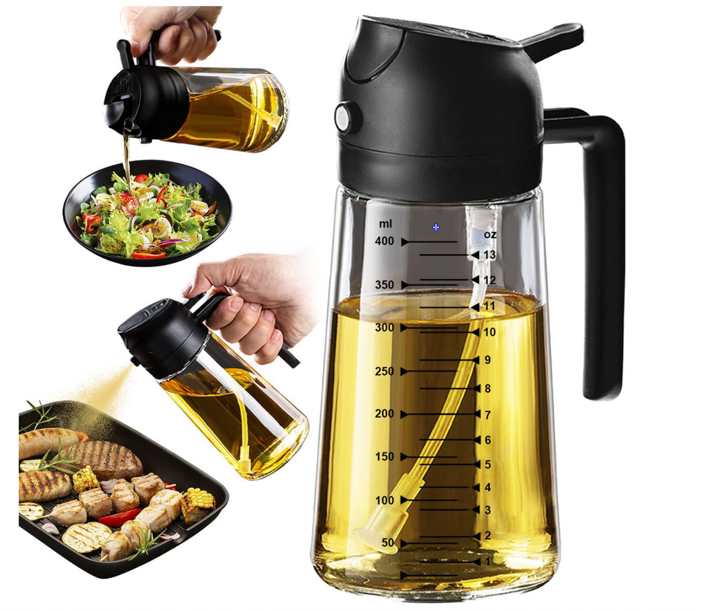 TrendPlain 16oz/470ml Glass Olive Oil Sprayer for Cooking – 2 in 1 Olive Oil Dispenser Bottle for Kitchen Gadgets and Air Fryer Accessories, Salad, BBQ - Black