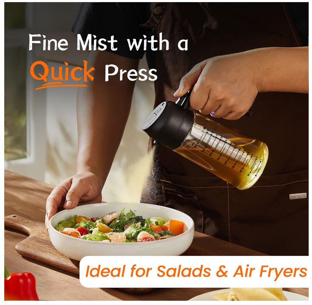 TrendPlain 16oz/470ml Glass Olive Oil Sprayer for Cooking – 2 in 1 Olive Oil Dispenser Bottle for Kitchen Gadgets and Air Fryer Accessories, Salad, BBQ - Black