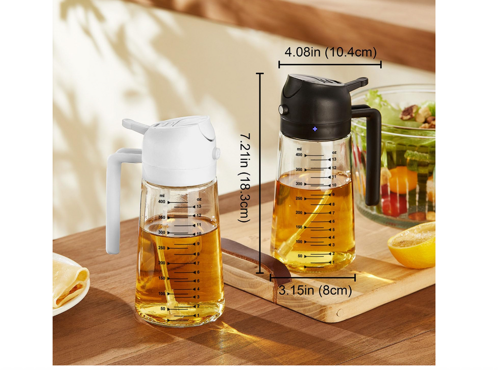 TrendPlain 16oz/470ml Glass Olive Oil Sprayer for Cooking – 2 in 1 Olive Oil Dispenser Bottle for Kitchen Gadgets and Air Fryer Accessories, Salad, BBQ - Black