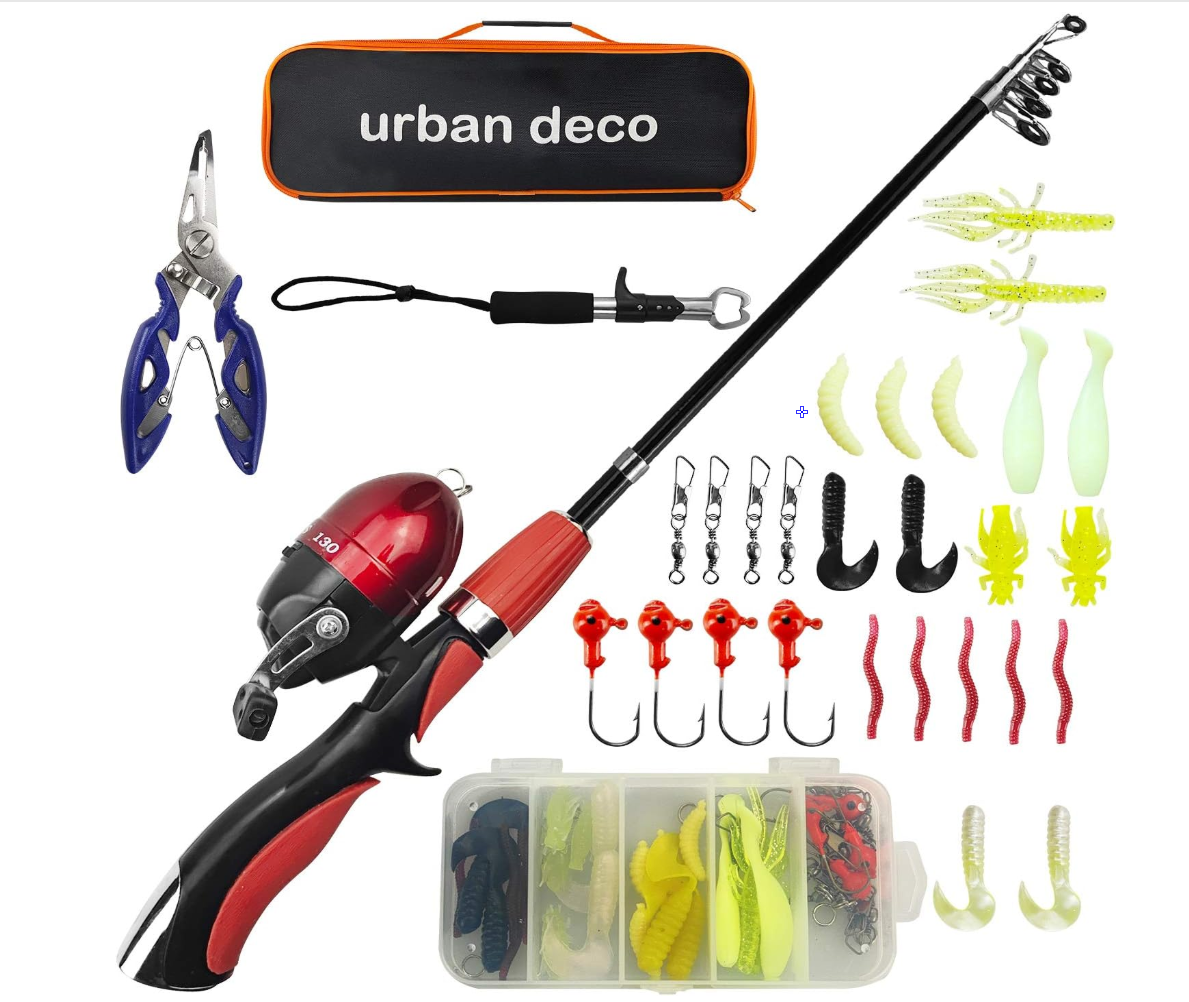 Urban Deco Kids Fishing Pole Set Portable Telescopic Kids Fishing Rod and Reel Combo Kit with Tackle Box for Beginners, Boys,Girls,Youth,Children