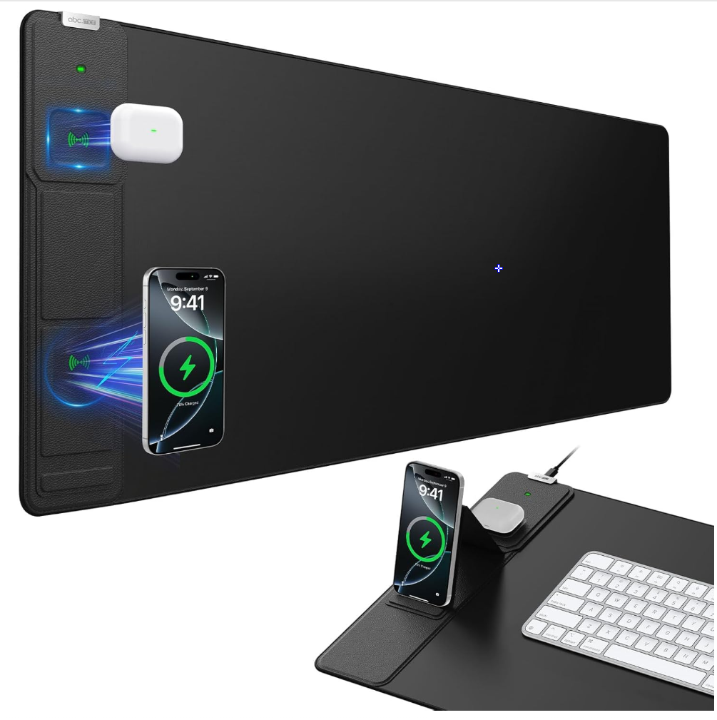 Wireless Charging Mouse Pad with Foldable Phone Holder, 31.5"x15.8" Large Desk Mat for Laptop/Keyboard, Waterproof Ultra-Smooth Surface, Non-Slip Base, Black