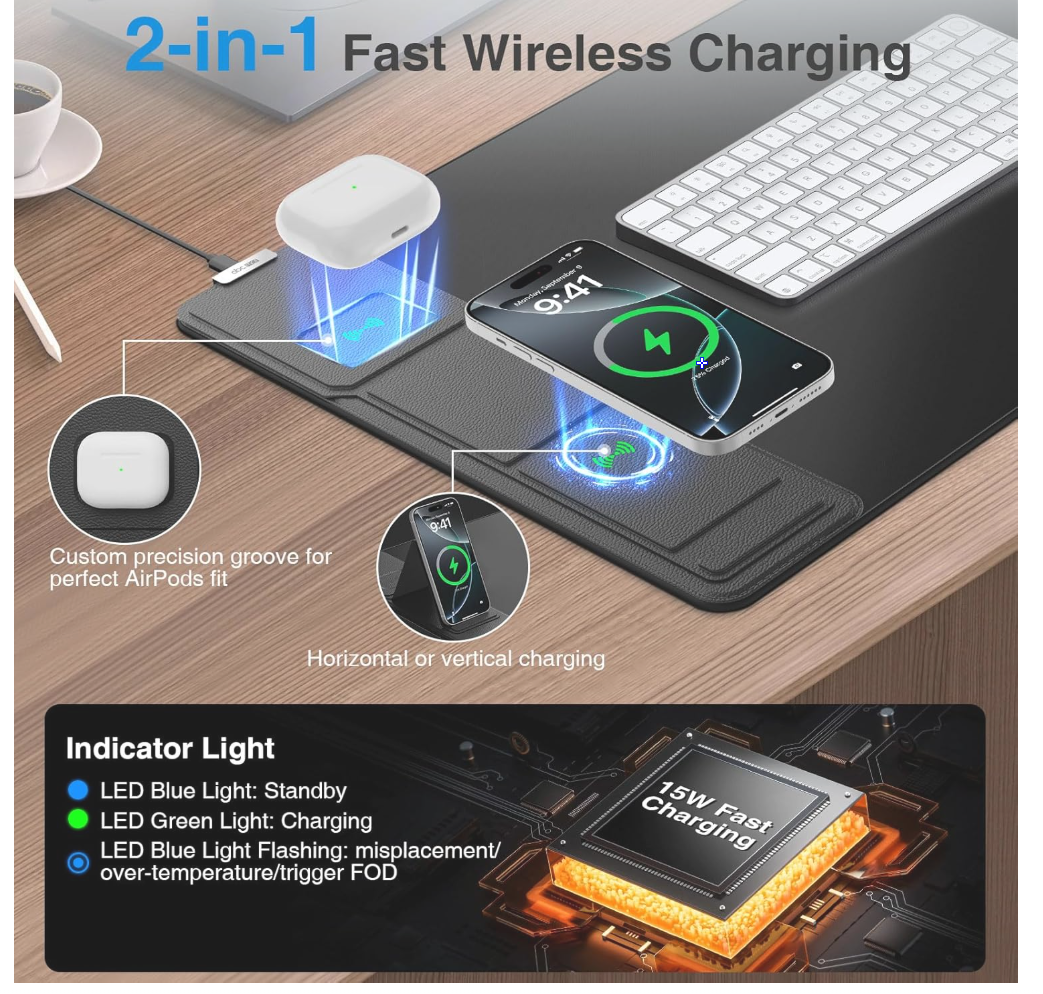 Wireless Charging Mouse Pad with Foldable Phone Holder, 31.5"x15.8" Large Desk Mat for Laptop/Keyboard, Waterproof Ultra-Smooth Surface, Non-Slip Base, Black