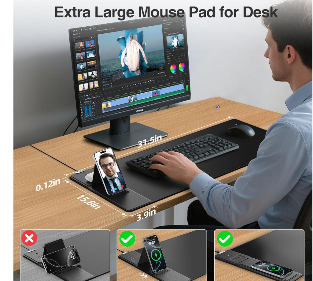 Wireless Charging Mouse Pad with Foldable Phone Holder, 31.5"x15.8" Large Desk Mat for Laptop/Keyboard, Waterproof Ultra-Smooth Surface, Non-Slip Base, Black