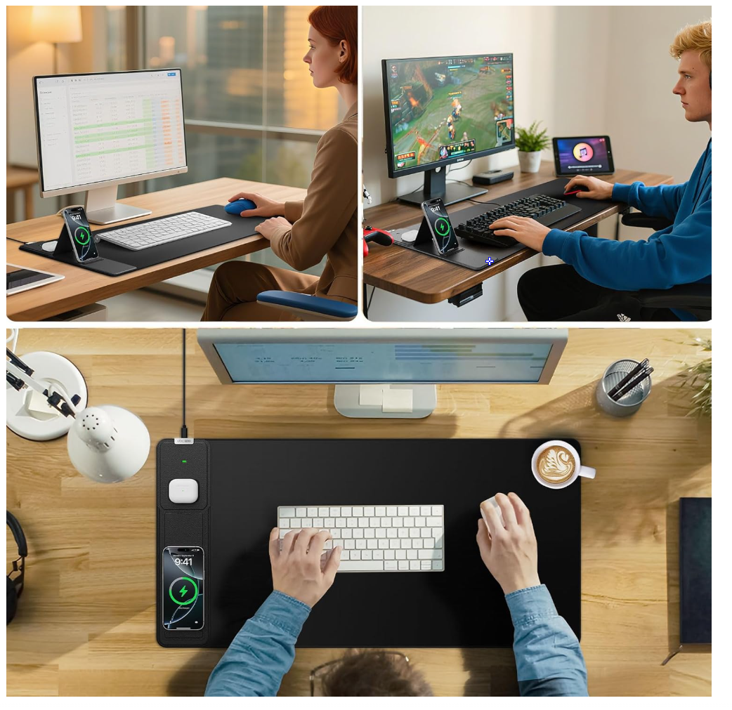 Wireless Charging Mouse Pad with Foldable Phone Holder, 31.5"x15.8" Large Desk Mat for Laptop/Keyboard, Waterproof Ultra-Smooth Surface, Non-Slip Base, Black
