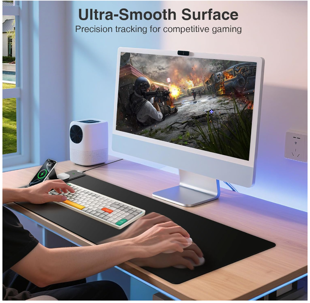 Wireless Charging Mouse Pad with Foldable Phone Holder, 31.5"x15.8" Large Desk Mat for Laptop/Keyboard, Waterproof Ultra-Smooth Surface, Non-Slip Base, Black