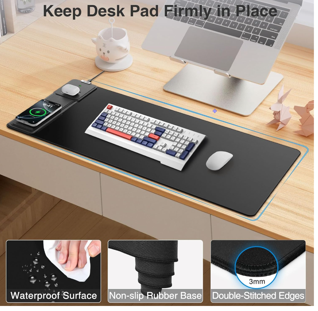 Wireless Charging Mouse Pad with Foldable Phone Holder, 31.5"x15.8" Large Desk Mat for Laptop/Keyboard, Waterproof Ultra-Smooth Surface, Non-Slip Base, Black