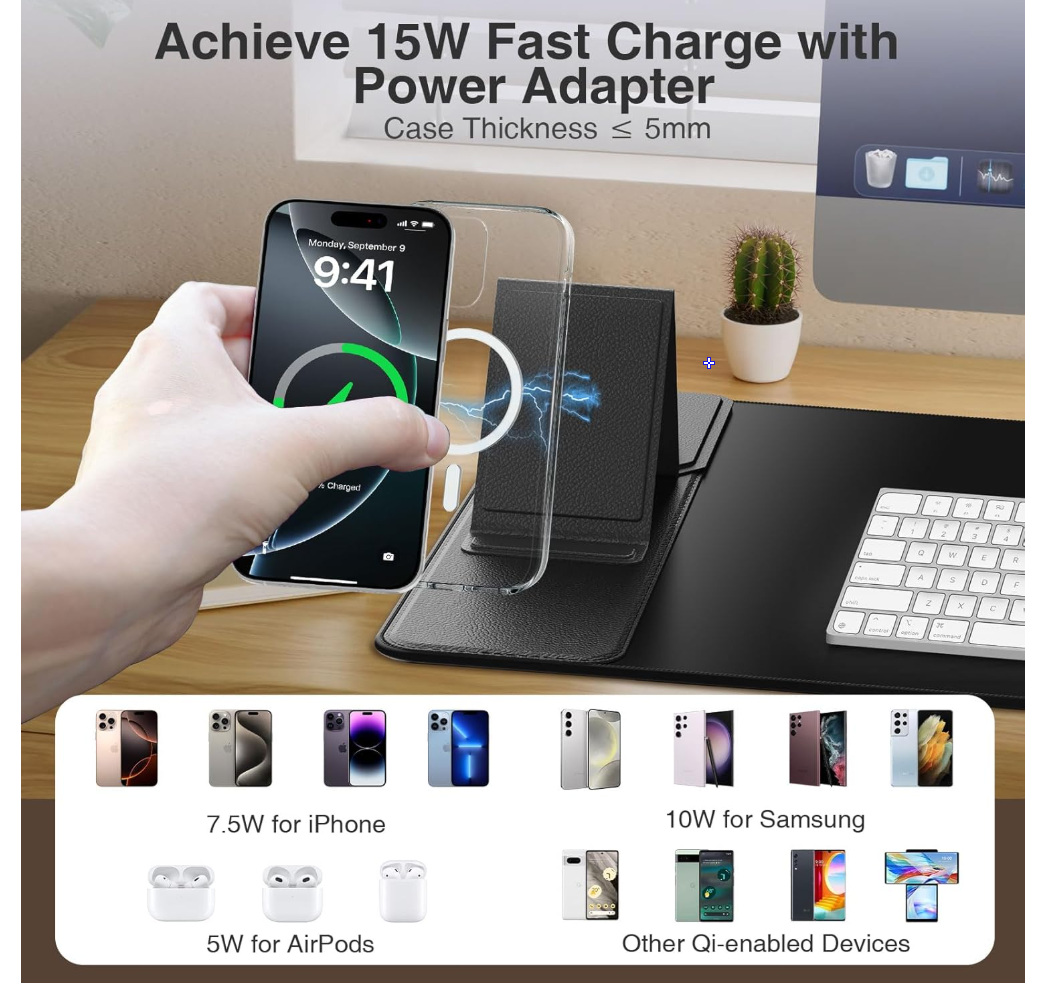 Wireless Charging Mouse Pad with Foldable Phone Holder, 31.5"x15.8" Large Desk Mat for Laptop/Keyboard, Waterproof Ultra-Smooth Surface, Non-Slip Base, Black