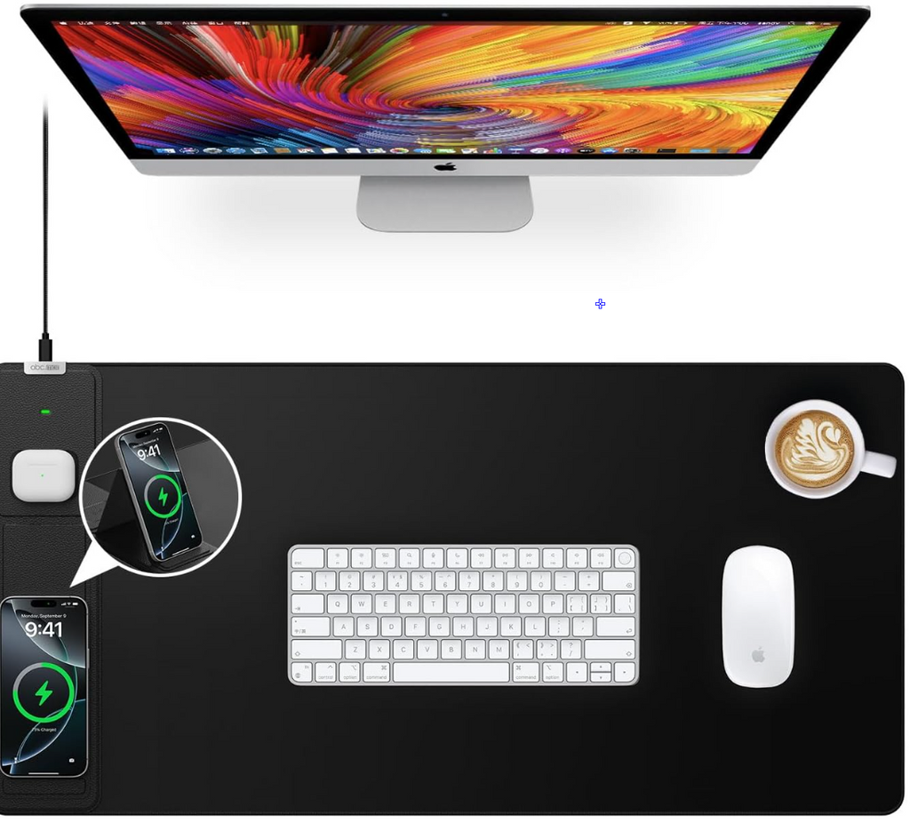 Wireless Charging Mouse Pad with Foldable Phone Holder, 31.5"x15.8" Large Desk Mat for Laptop/Keyboard, Waterproof Ultra-Smooth Surface, Non-Slip Base, Black